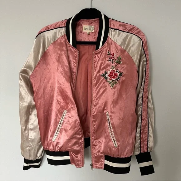 Pink Silk Flowered Embroidered Bomber Jacket - Picture 3 of 7